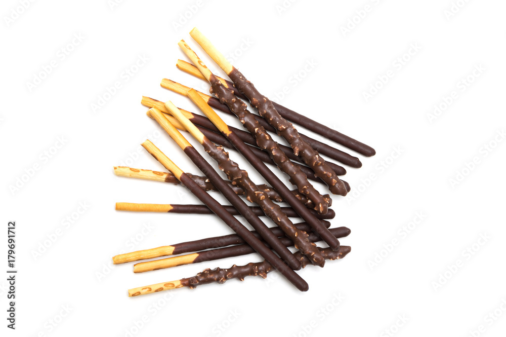 Chocolate Filled Biscuit Sticks on White Background Chocolate Filled Biscuit Sticks on White Background