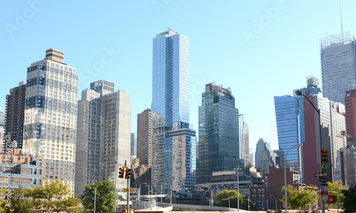 Skyscrapers and apartment buildings at intersection in New York City