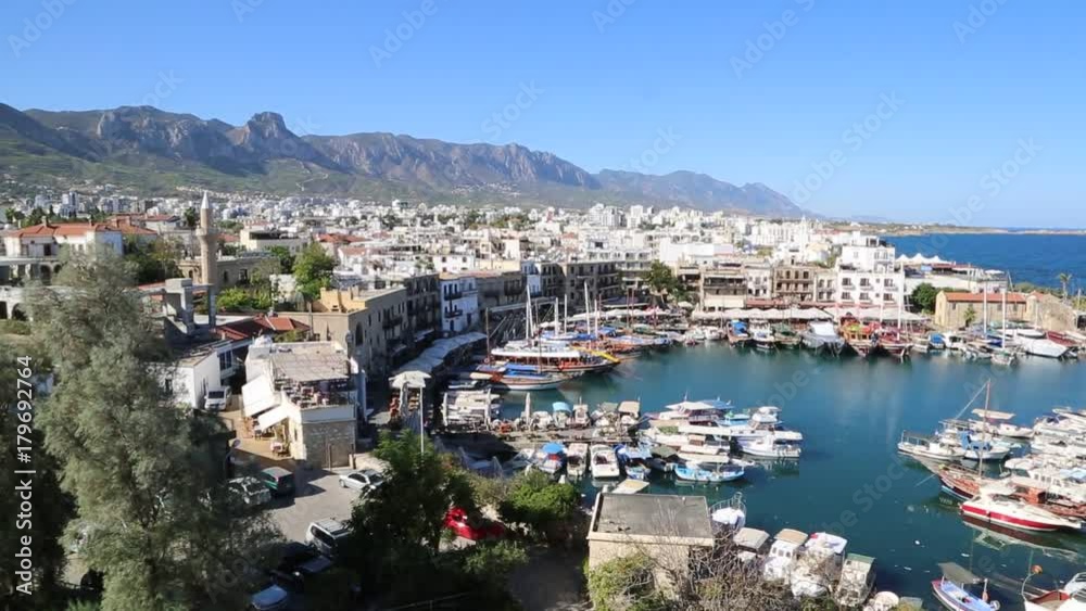 Panoramic aerial view of historic harbour in Kyrenia (Girne), North Cyprus in a beautiful summer day Panoramic aerial view of historic harbour in Kyrenia (Girne), North Cyprus in a beautiful summer day