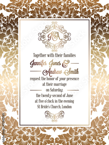 Vintage baroque style wedding invitation card template.