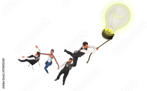 Concept of a successful team idea A light bulb that pulls people up 3d render on white no shadow
