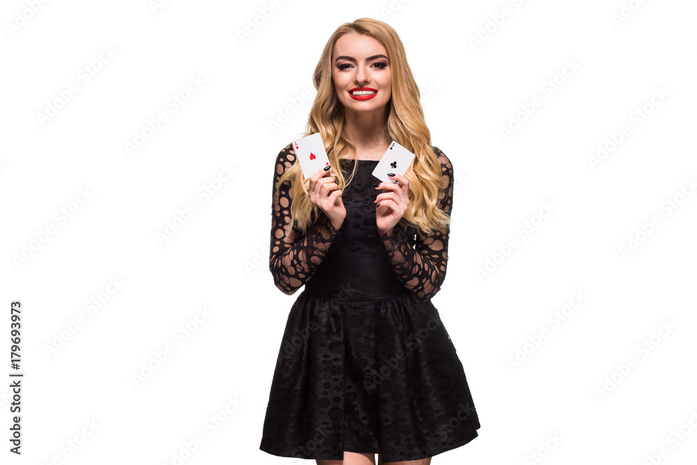 Beautiful young woman holding two ace of cards in her hand isolated on black background Beautiful young woman holding two ace of cards in her hand isolated on black background