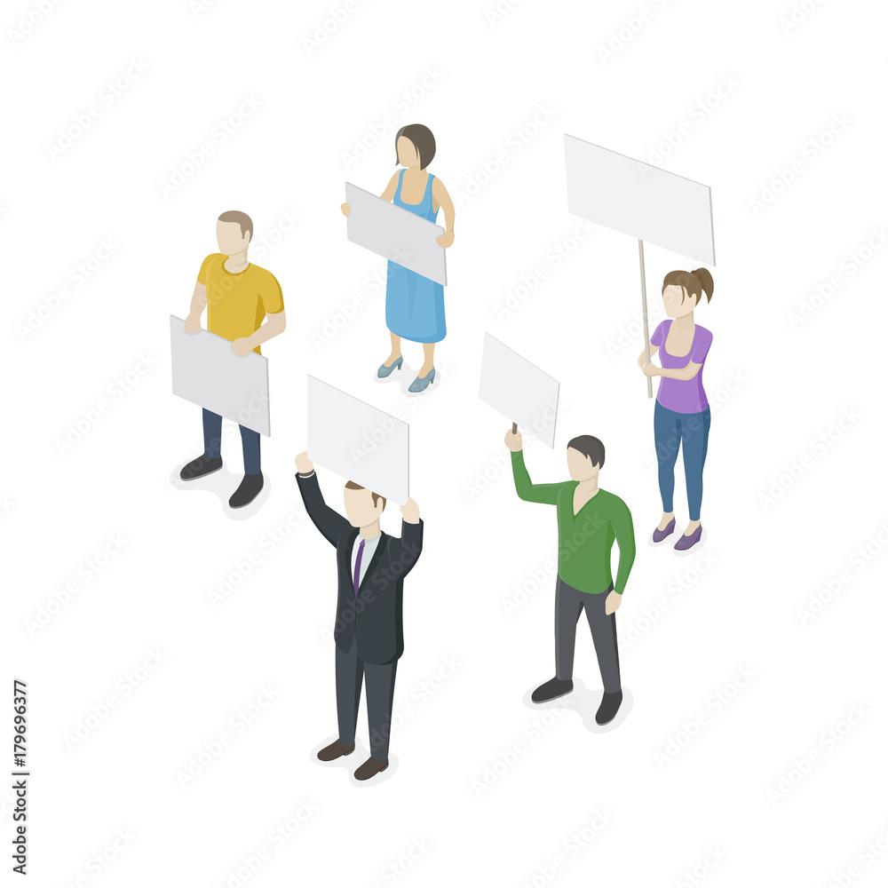 Obraz premium People with placard and banners on demonstration. Unhappy men and women isolated on white background. Isometric view. Vector illustration