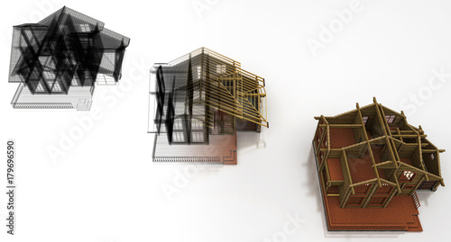 Progettazione case ecologiche in legno, bim, illustrazione 3d photo