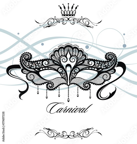 Beautiful mask of lace symbol. Mardi Gras vector background. White and black masquerade element. Venetian carnival logo. 