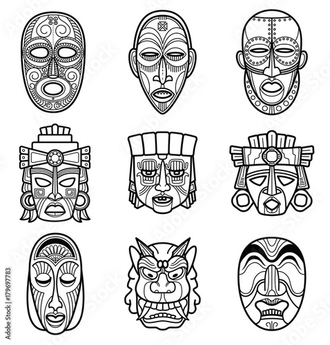 Indian aztec and african historic tribal mask vector set