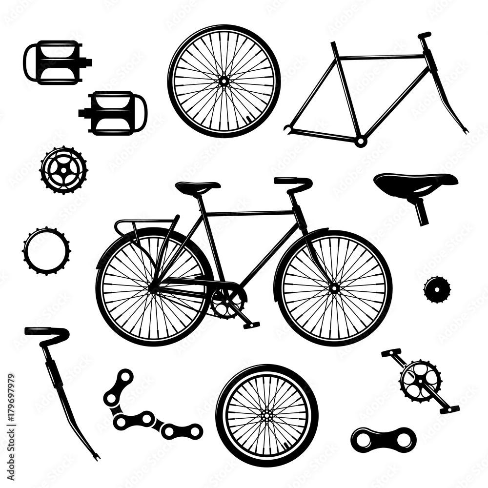 Bike parts. Bicycle equipment and components isolated vector set Bike parts. Bicycle equipment and components isolated vector set