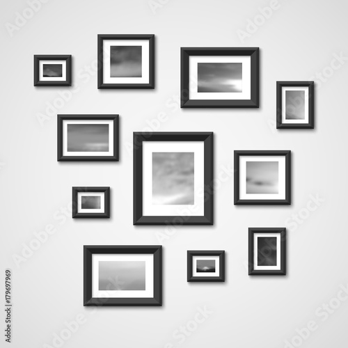 Picture frames with nature photos on wall. Interior design vector illustration