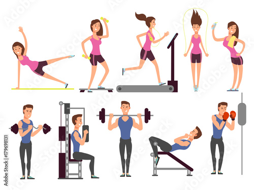 Gym exercises, body pump workout vector set with cartoon sport man and woman characters. Fitness people