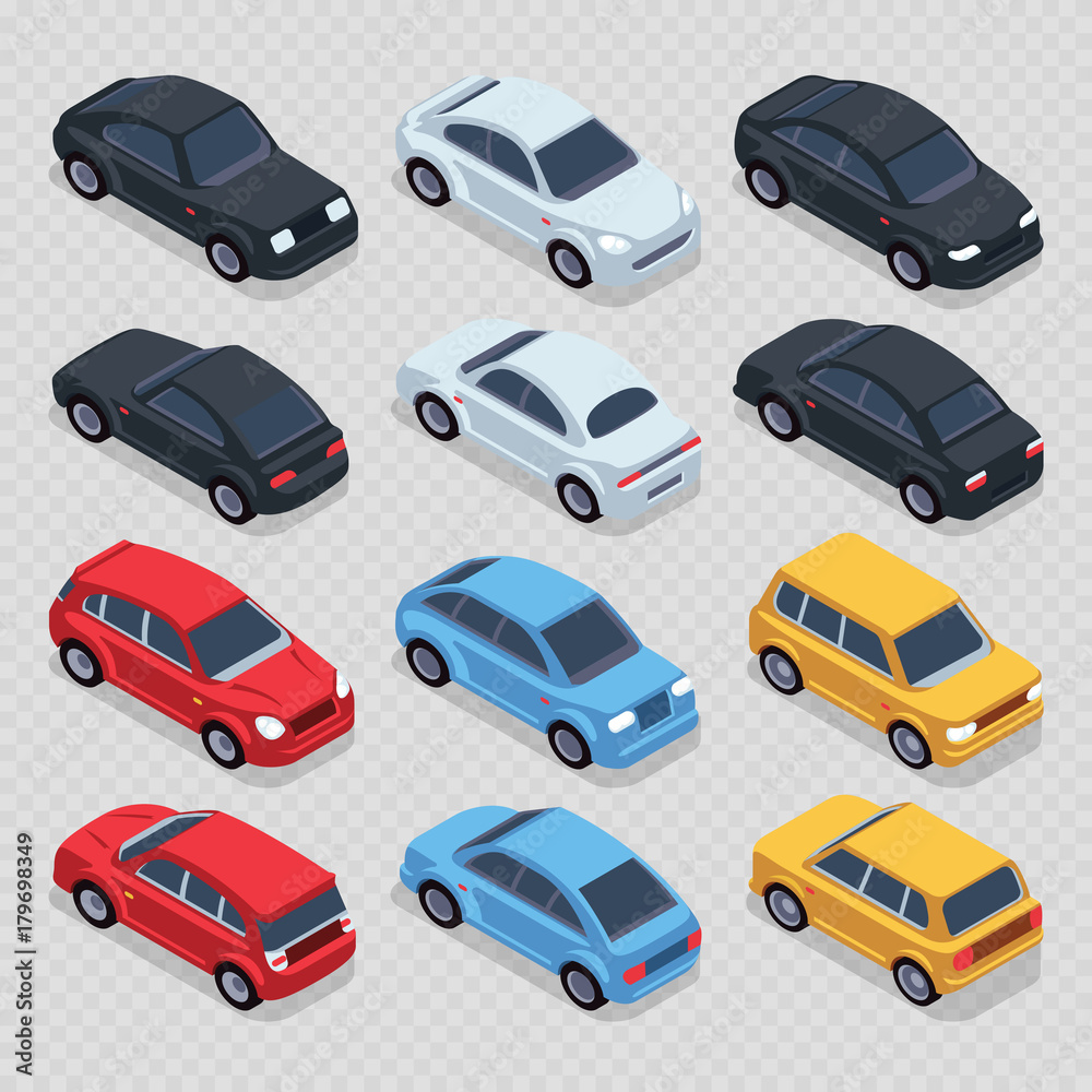 Isometric 3d cars set isolated on transparent background
