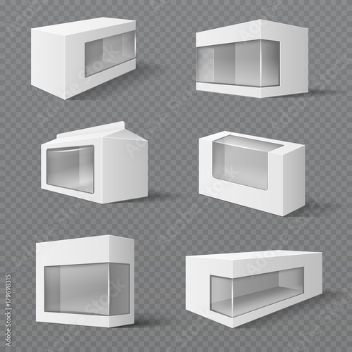 White product packaging boxes. Gift packages with transparent window. Vector mockups isolated