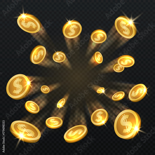 Golden dollar coins explosion isolated. Vector illustration for finance and gambling concept