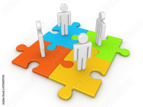 Four humans standing on puzzle pieces joined together. 3d render.