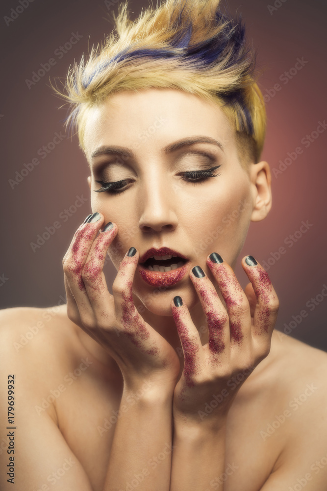 Young Woman With Glittered Hands And Lips Young Woman With Glittered Hands And Lips