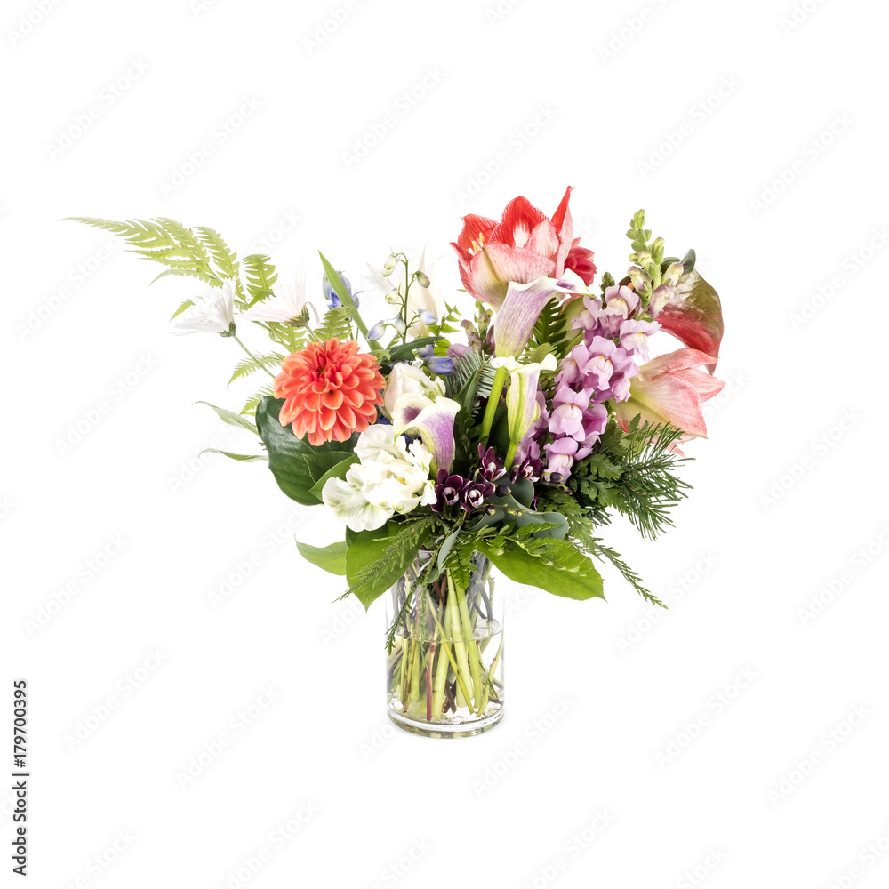 Bouquet of Mixed Flowers in a Glass Vase Isolated on White