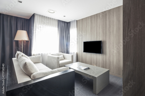 living room with hd tv, sofa, table at the hotel, seoul © dohee