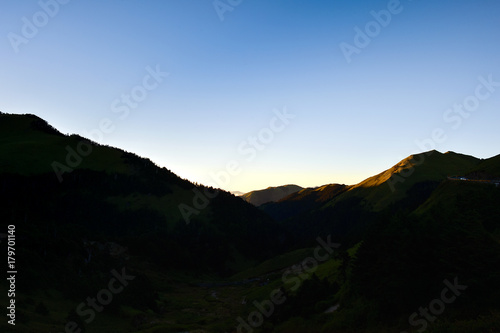 silhouette of beautiful mountain with blue sky at sunset 