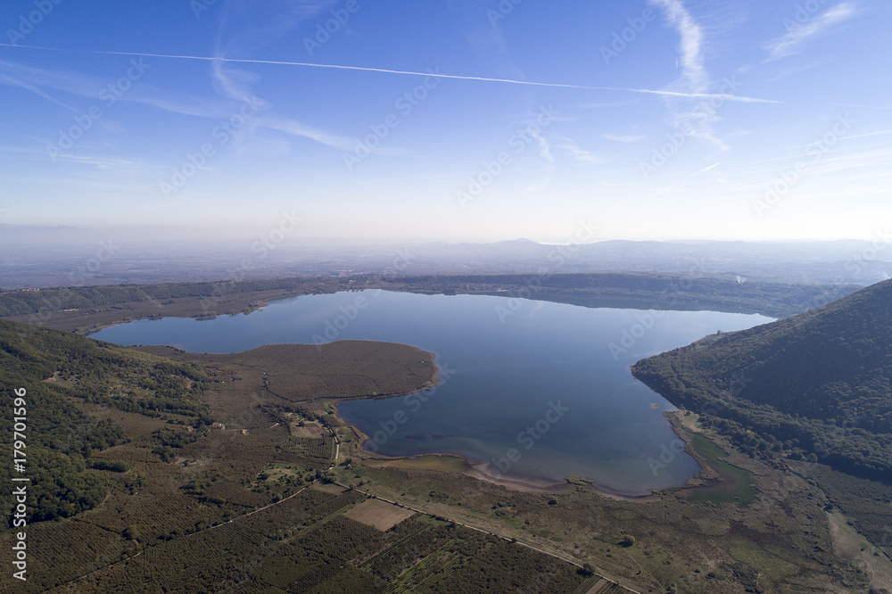 Wonderful aerial shot of Lake Vico, a Lake nestled in the Woods in Viterbo 