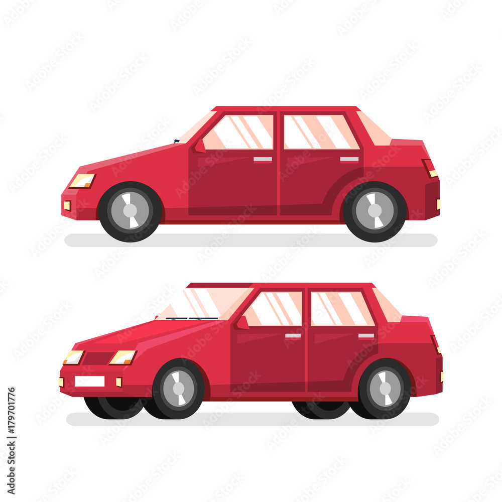 Red classic sedan - detailed vector illustration in a flat style. Car is a side view and a half turn.