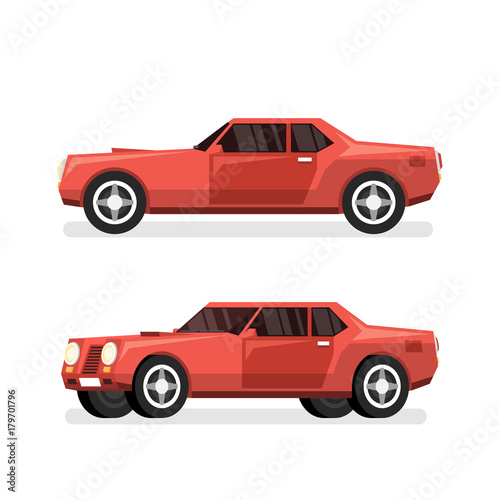 Red sports powerful car with big engine. Vector detailed illustration - side view and pseudo 3d in half turn.