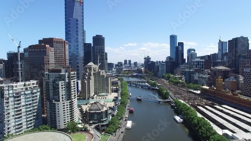 aerial drone moving up forwards in Melbourne skyline Australia 4k photo