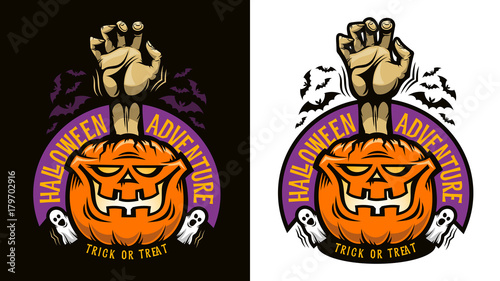 Original Halloween emblem with smiling pumpkin and dead man's hand sticking out of it. It's all surrounded by retro ribbon with text, bats and 2 pretty ghosts.