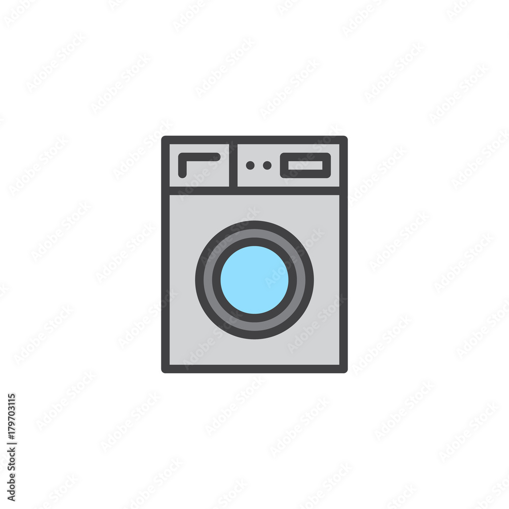 Washer machine household equipment filled outline icon, line vector sign, linear colorful pictogram isolated on white. Laundry symbol, logo illustration. Pixel perfect vector graphics