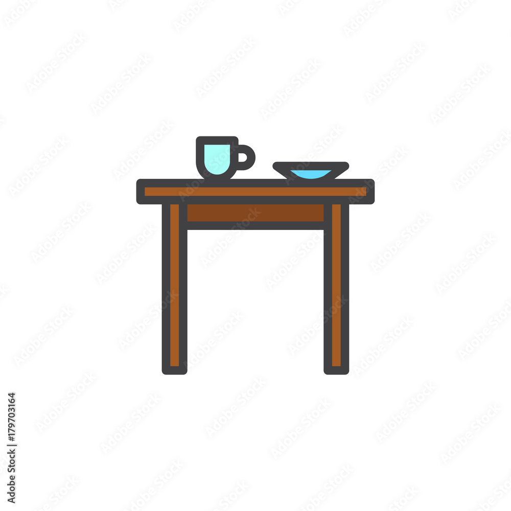 Kitchen table with cup and plate filled outline icon, line vector sign, linear colorful pictogram isolated on white. Symbol, logo illustration. Pixel perfect vector graphics