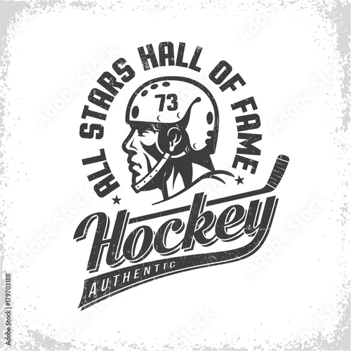 Hockey black and white retro logo with player in helmet side view, stick and inscriptions. Worn texture on  separate layer and can be easily disabled.
