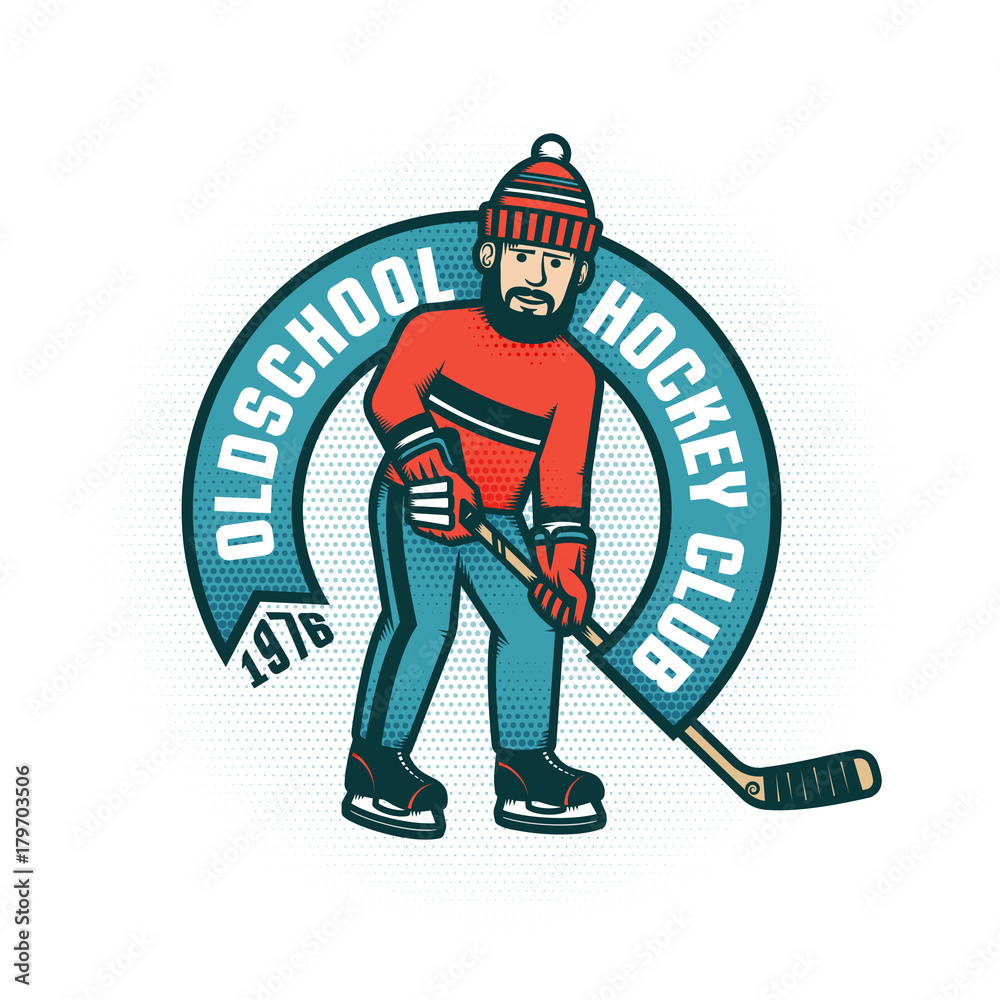 Fototapeta premium Hockey retro emblem for amateur club with bearded man in sports clothes with stick and puck. Halftone dots are grouped and easily removed if necessary.