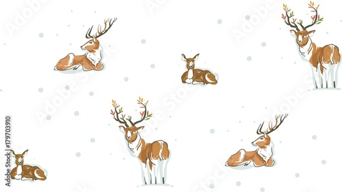 Hand drawn vector abstract fun Merry Christmas time cartoon illustrations seamless pattern with cute reindeer and deer family in snowy landscape isolated on white background.