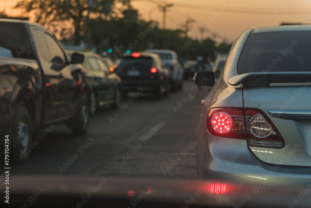 traffic jam with row of cars on street