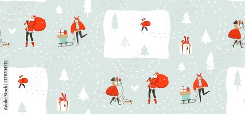 Hand drawn vector abstract fun Merry Christmas time cartoon illustration seamless pattern with people walking in winter clothing and surprise gift boxes isolated on snow blue background