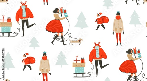 Hand drawn vector abstract fun Merry Christmas time cartoon illustration seamless pattern with people walking in winter clothing and surprise gift boxes isolated on white background