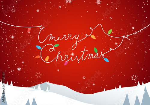 Winter mountain landscape scenery, Merry Christmas text with pine trees and stars.