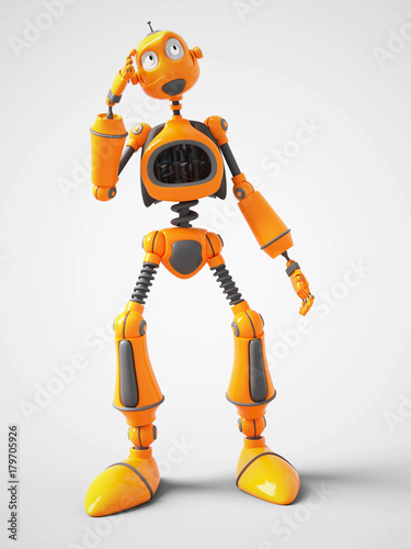 Yellow cartoon robot thinking about something.