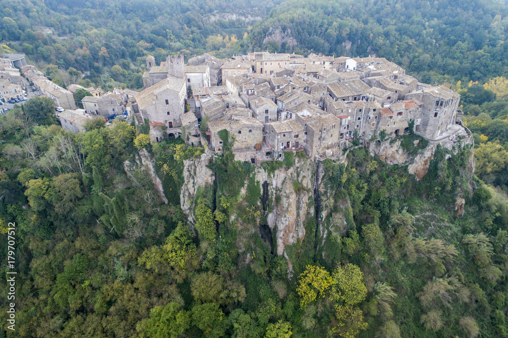 Aerial view of the village of Calcata in Viterbo 