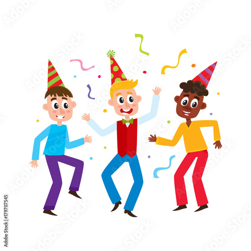 vector flat boys kids dancing in casual clothing and party hat with confetti around smiling. Little dancer male characters. Isolated illustration on a white background. Kids party concept