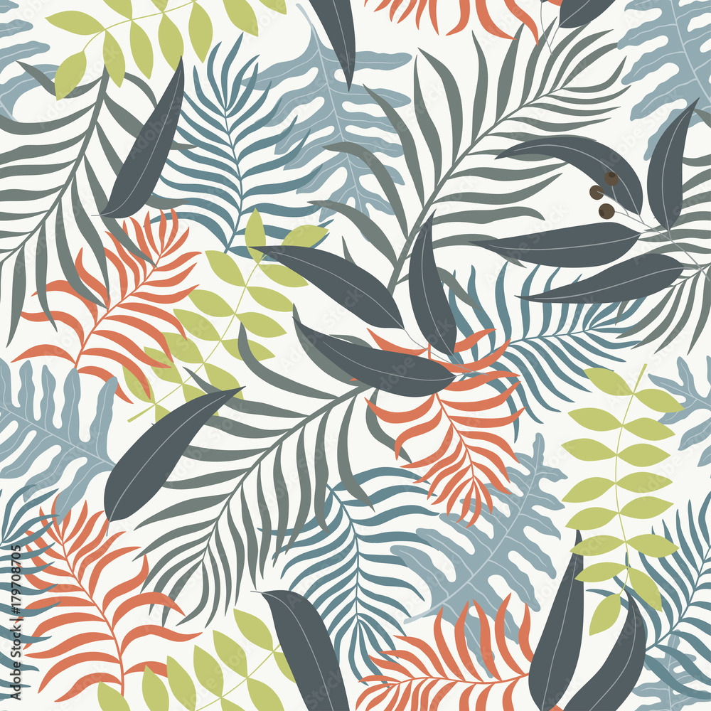 Tropical background with palm leaves. Seamless floral pattern