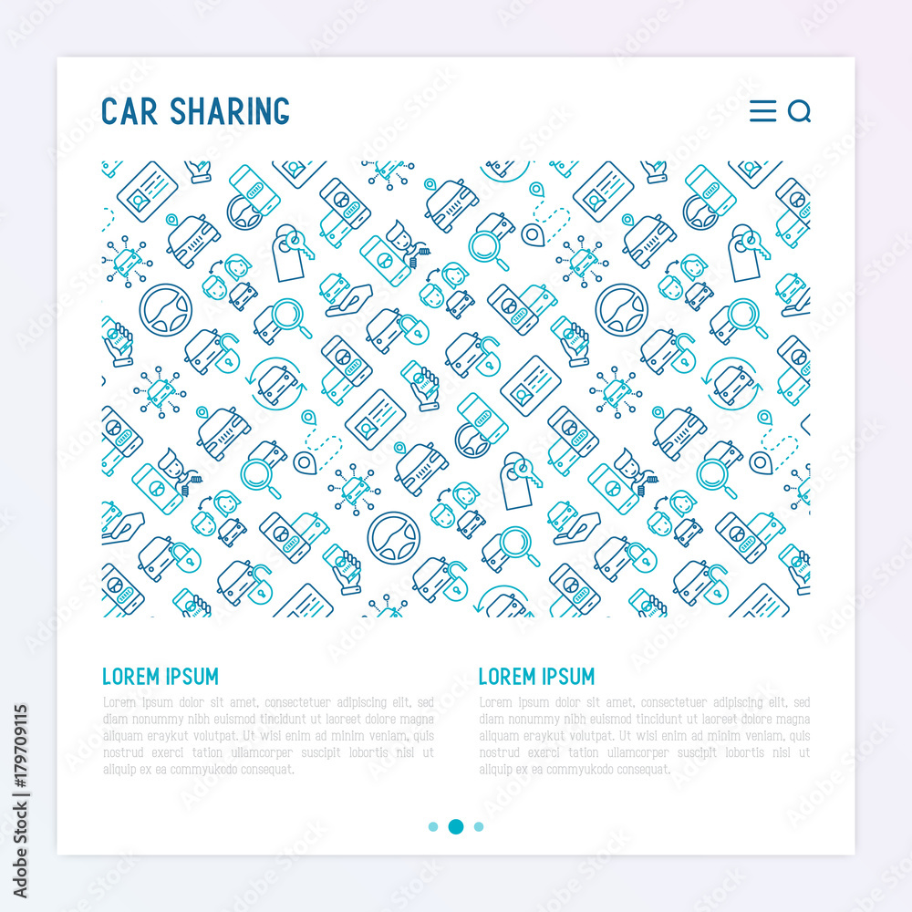 Car sharing concept with thin line icons of mobile app, driver's license, key, blocked car, pointer, available car, searching of car. Vector illustration for banner, web page, print media.