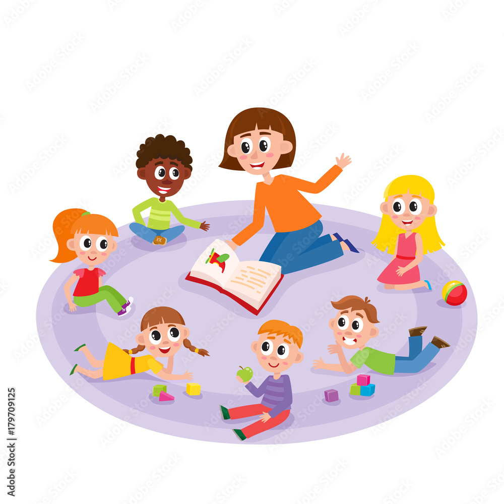 Kindergarten kids and teacher reading a book, comic, cartoon vector  illustration isolated on white background. Female teacher reads a book to kindergarten  kids sitting around, listening with interest Stock Vector | Adobe