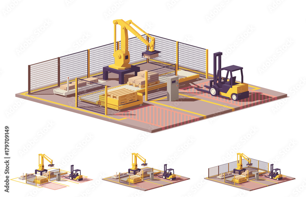 Vector low poly robotic palletizing cell Vector low poly robotic palletizing cell