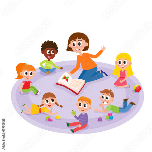 Kindergarten kids and teacher reading a book, comic, cartoon vector illustration isolated on white background. Female teacher reads a book to kindergarten kids sitting around, listening with interest
