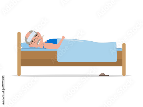 Vector cartoon ill old man in bed with influenza