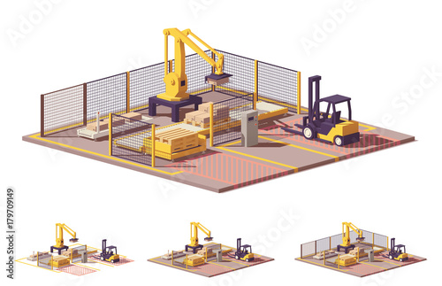 Vector low poly robotic palletizing cell