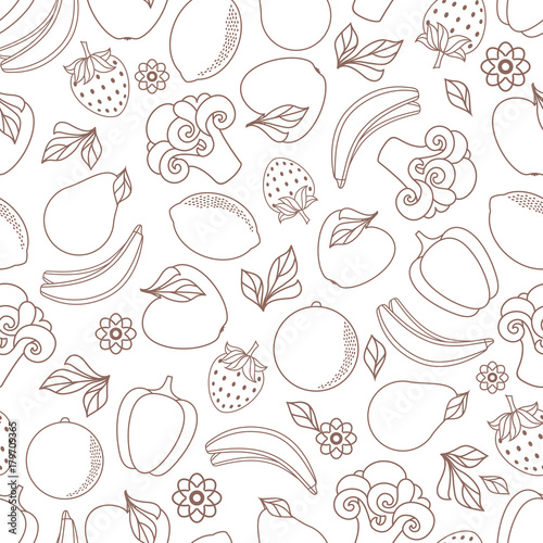 vector flat sketch style fresh ripe fruits  vegetables monochrome seamless pattern. Apple  lime bellpepper apple  watermelon pear  orange strawberry banana  broccoli. Isolated illustration