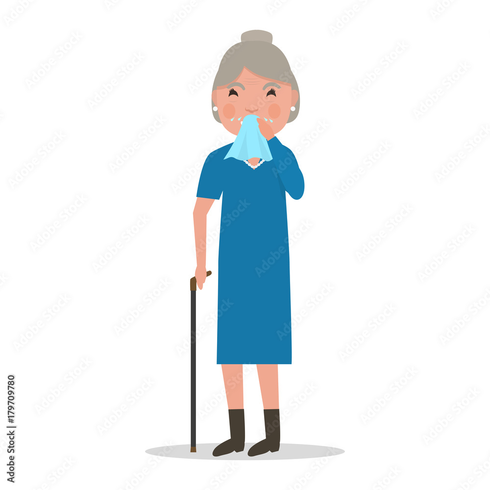 Vector cartoon old woman caught cold sneezing, ill Vector cartoon old woman caught cold sneezing, ill