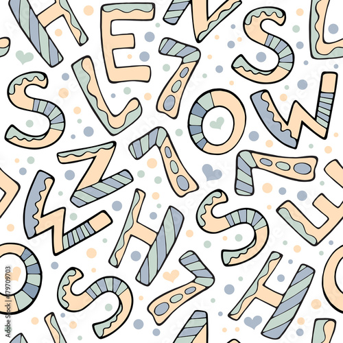 Modern funny color seamless pattern. Hand drawing vector design letter elements isolated on white in cartoon style.