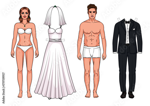 Vector set of man and woman in underwear. Wedding dress and wedding suit for the bride and groom