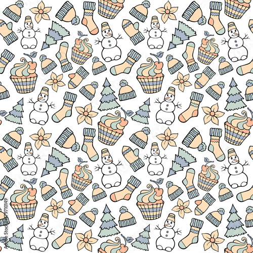 Modern funny color seamless holiday pattern. Hand drawing vector design winter elements isolated on white. New Year and Christmas cartoon theme.